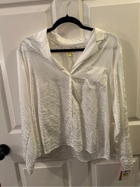 Shady Lady Lightweight Sheer Zebra-Print Button Front Blouse — White/Cream